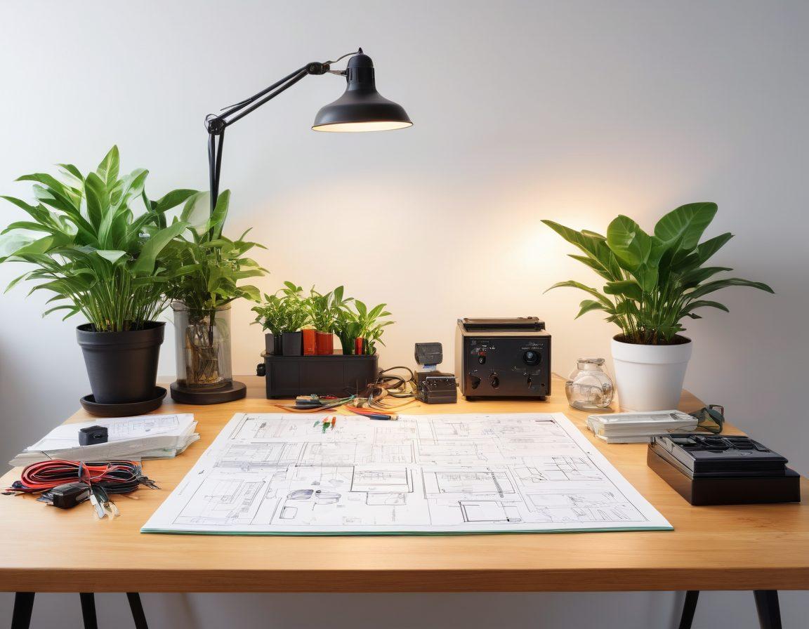 A well-organized workspace showcasing various electrical components, tools, and schematics on a bright table. Include a shadow of a light bulb with energy-efficient arrows symbolizing energy flow, surrounded by green plants to reflect sustainability. Soft light casting a warm glow over the scene to create an inviting atmosphere. super-realistic. vibrant colors. white background.