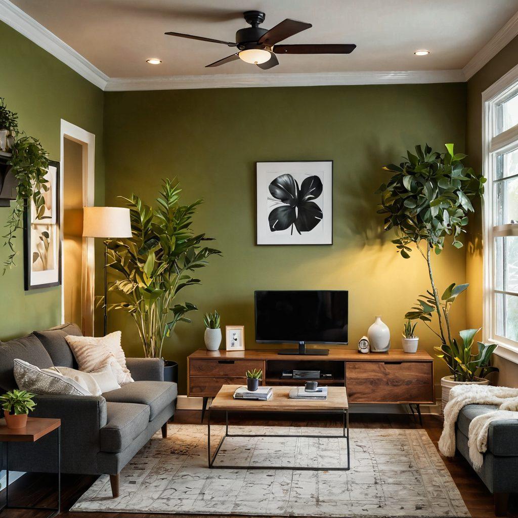 An inviting and cozy living room with warm ambient lighting showcasing a well-organized workspace that includes energy-efficient electrical gadgets, such as smart bulbs and solar chargers. Adorn the walls with framed articles on energy conservation tips, while a green indoor plant adds a touch of freshness. The scene should emanate a sense of passion and innovation in energy efficiency, highlighting modern home electrical services. super-realistic. warm tones. vibrant colors.