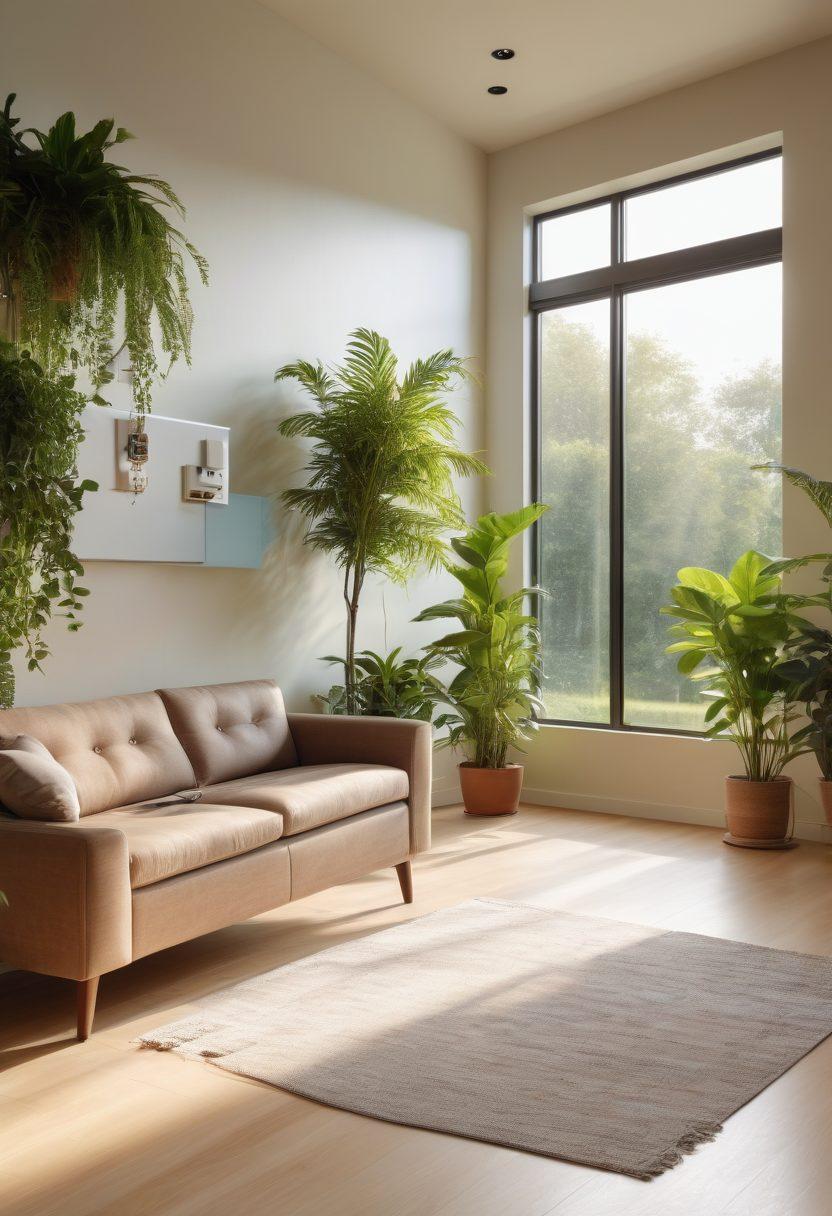 A serene home interior showcasing eco-friendly electrical solutions, with energy-efficient lighting, smart home devices, and lush indoor plants. An electrician is attentively working on a modern circuit panel while sunlight streams through large windows, illuminating the sustainable materials used in the design. Emphasize a harmonious blend of technology and nature. super-realistic. vibrant colors. bright atmosphere.